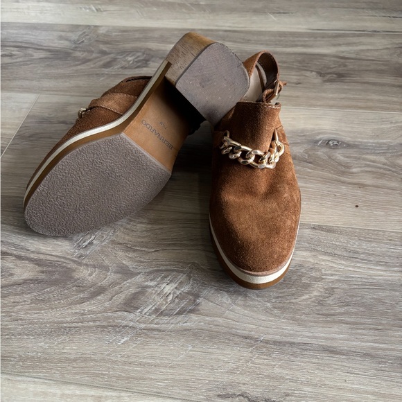 Bernardo Brown Suede Loafers with Gold Chain